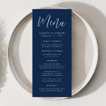 Simple Script Navy Wedding Menu<br><div class="desc">Simple wedding menu featuring "Menu" displayed in a white script with a navy background. Personalise the navy wedding menu by adding your names,  wedding date,  and menu information. Designed to coordinate with our Simple Script wedding collection.</div>