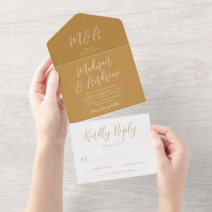 Simple Script Ochre Wedding All In One Invitation