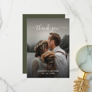 Simple Script Overlay Olive Green Wedding Photo Thank You Card