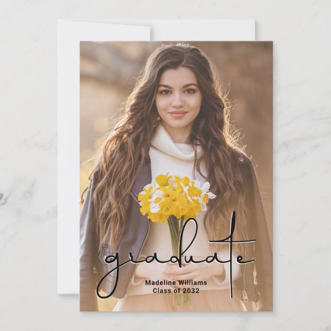 Simple Script Overlay Photo GradAnnouncement Invitation (Front)