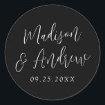 Simple Script Personalised Black and White Wedding Classic Round Sticker<br><div class="desc">Elegant wedding stickers featuring your names in a white script with a black background. Personalise the simple wedding stickers with your wedding date. Design coordinates with our Simple Script wedding collection.</div>