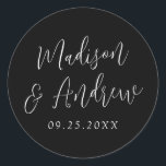 Simple Script Personalised Black and White Wedding Classic Round Sticker<br><div class="desc">Elegant wedding stickers featuring your names in a white script with a black background. Personalise the simple wedding stickers with your wedding date. Design coordinates with our Simple Script wedding collection.</div>