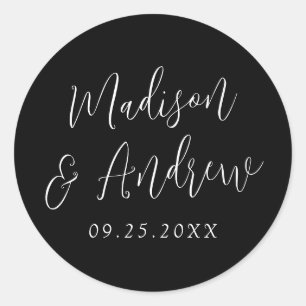 Simple Script Personalised Black and White Wedding Classic Round Sticker
