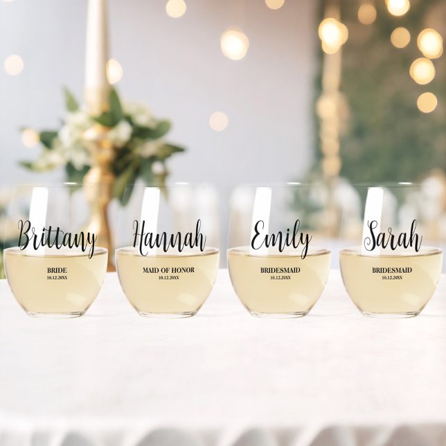 Simple Script Personalised Bridesmaid Bridal Party Stemless Wine Glass (Set of 4 Stemless Wine Glasses.  All text can be altered to fit your needs!)