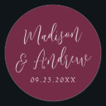 Simple Script Personalised Burgundy Wedding Classic Round Sticker<br><div class="desc">Elegant wedding stickers featuring your names in a white script with a burgundy background. Personalise the simple wedding stickers with your wedding date. Design coordinates with our Simple Script wedding collection.</div>