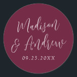 Simple Script Personalised Burgundy Wedding Classic Round Sticker<br><div class="desc">Elegant wedding stickers featuring your names in a white script with a burgundy background. Personalise the simple wedding stickers with your wedding date. Design coordinates with our Simple Script wedding collection.</div>