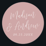 Simple Script Personalised Dusty Rose Wedding Classic Round Sticker<br><div class="desc">Elegant wedding stickers featuring your names in a white script with a dusty rose background. Personalise the simple wedding stickers with your wedding date. Design coordinates with our Simple Script wedding collection.</div>
