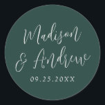 Simple Script Personalised Forest Green Wedding Classic Round Sticker<br><div class="desc">Elegant wedding stickers featuring your names in a white script with a forest green background. Personalise the simple wedding stickers with your wedding date. Design coordinates with our Simple Script wedding collection.</div>