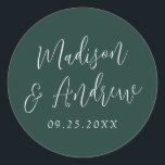 Simple Script Personalised Forest Green Wedding Classic Round Sticker<br><div class="desc">Elegant wedding stickers featuring your names in a white script with a forest green background. Personalise the simple wedding stickers with your wedding date. Design coordinates with our Simple Script wedding collection.</div>