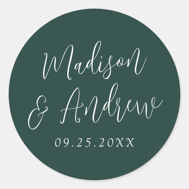Simple Script Personalised Forest Green Wedding Classic Round Sticker (Front)