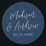 Simple Script Personalised Navy Wedding Classic Round Sticker<br><div class="desc">Elegant wedding stickers featuring your names in a white script with a navy background. Personalise the simple wedding stickers with your wedding date. Design coordinates with our Simple Script wedding collection.</div>