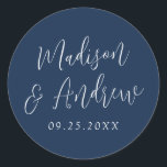 Simple Script Personalised Navy Wedding Classic Round Sticker<br><div class="desc">Elegant wedding stickers featuring your names in a white script with a navy background. Personalise the simple wedding stickers with your wedding date. Design coordinates with our Simple Script wedding collection.</div>