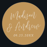 Simple Script Personalised Ochre Wedding Classic Round Sticker<br><div class="desc">Elegant wedding stickers featuring your names in a white script with an ochre background. Personalise the simple wedding stickers with your wedding date. Design coordinates with our Simple Script wedding collection.</div>