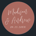 Simple Script Personalised Rust Wedding Classic Round Sticker<br><div class="desc">Elegant wedding stickers featuring your names in a white script with a rust background. Personalise the simple wedding stickers with your wedding date. Design coordinates with our Simple Script wedding collection.</div>