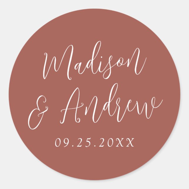 Simple Script Personalised Rust Wedding Classic Round Sticker (Front)