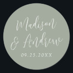 Simple Script Personalised Sage Green Wedding Classic Round Sticker<br><div class="desc">Elegant wedding stickers featuring your names in a white script with a sage green background. Personalise the simple wedding stickers with your wedding date. Design coordinates with our Simple Script wedding collection.</div>