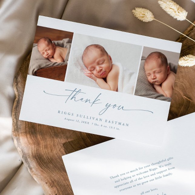 Simple Script Photo Collage Baby Thank You Card (Elegant modern script 3 photo collage baby thank you announcement card.)