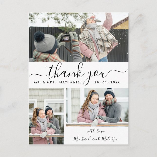 Simple Script Photo Collage Wedding Thank You Postcard (Front)