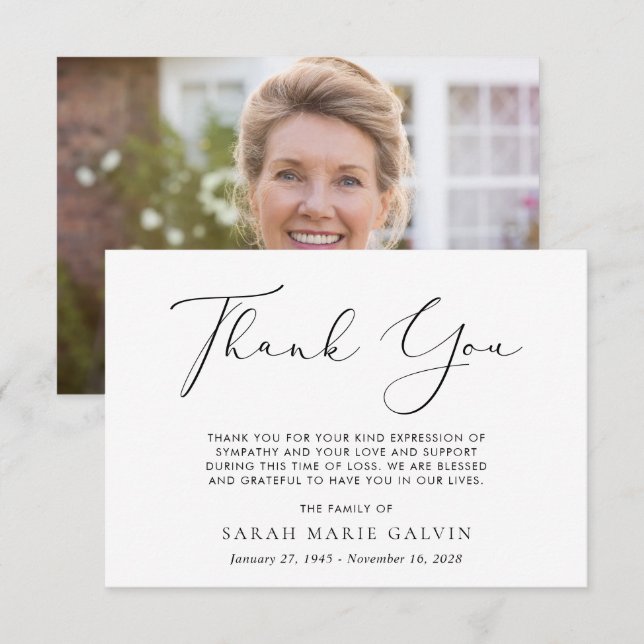 Simple Script Photo Sympathy Funeral Thank You Card (Front/Back)