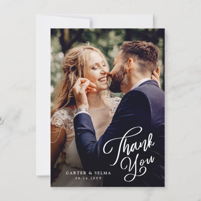 Simple Script Photo Wedding Thank You Card (Front)