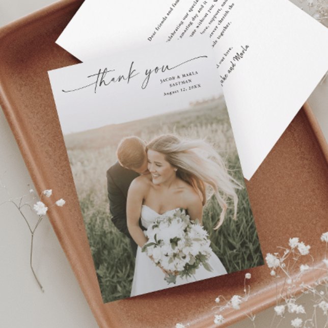 Simple Script Photo Wedding Thank You Card (Elegant script wedding photo thank you card.)