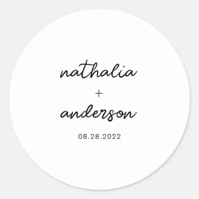 Simple Script Plain White Wedding Classic Round Sticker (Front)