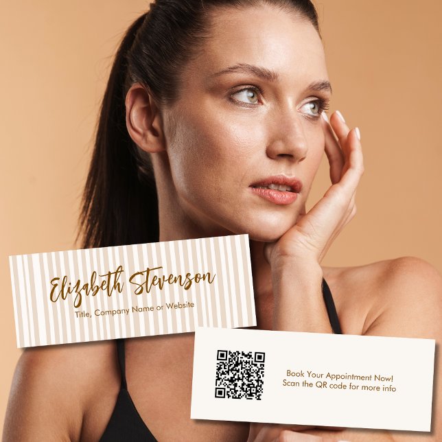 Simple Script Preppy QR Code Girly Tan Brown Mini Business Card (Creator Uploaded)