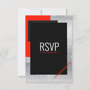 Simple script Red, black, grey  white stripes RSVP Card