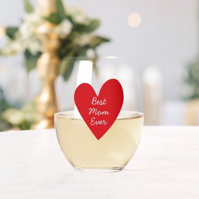 Simple Script Red Heart Best Mum Ever Mothers Day Stemless Wine Glass (Insitu (Wedding))
