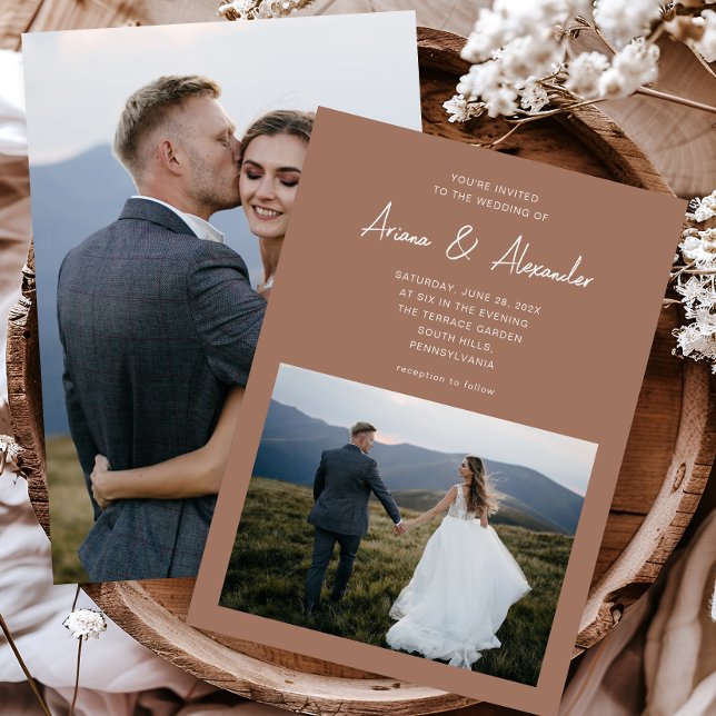 Simple Script Rich Brown Two Photo Wedding Invitation (Creator Uploaded)
