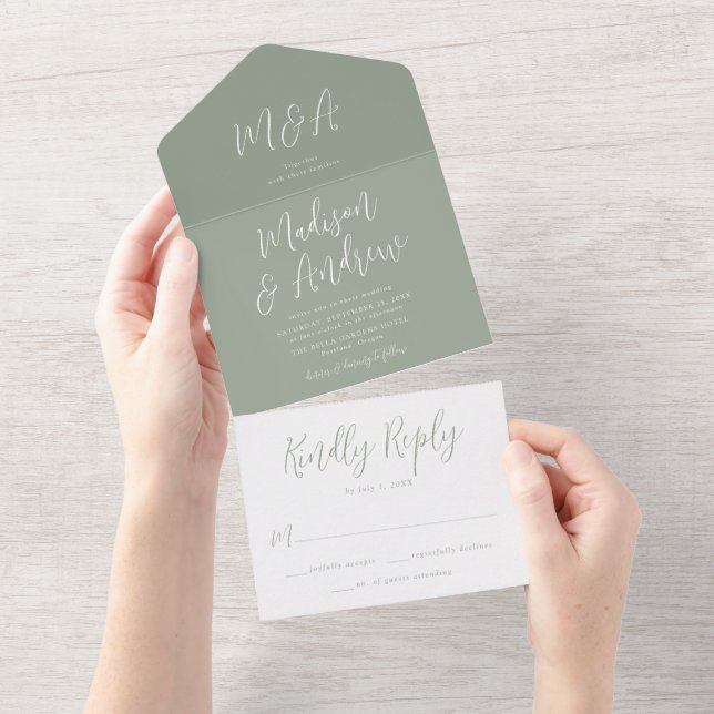 Simple Script Sage Green Wedding All In One Invitation (Tearaway)