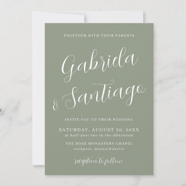 Simple Script Sage Green White Wedding Invitation (Front)