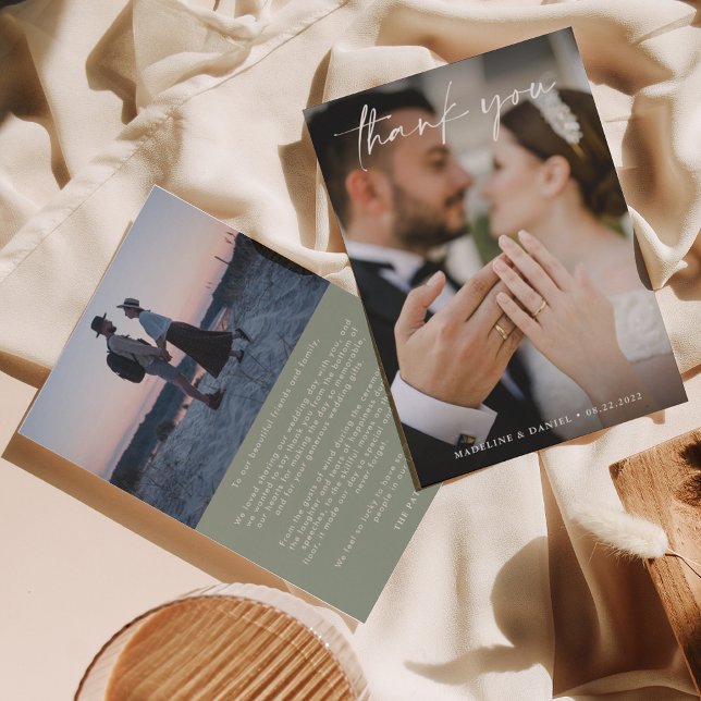 Simple Script Sage Green with Photo Wedding  Thank You Card (Creator Uploaded)