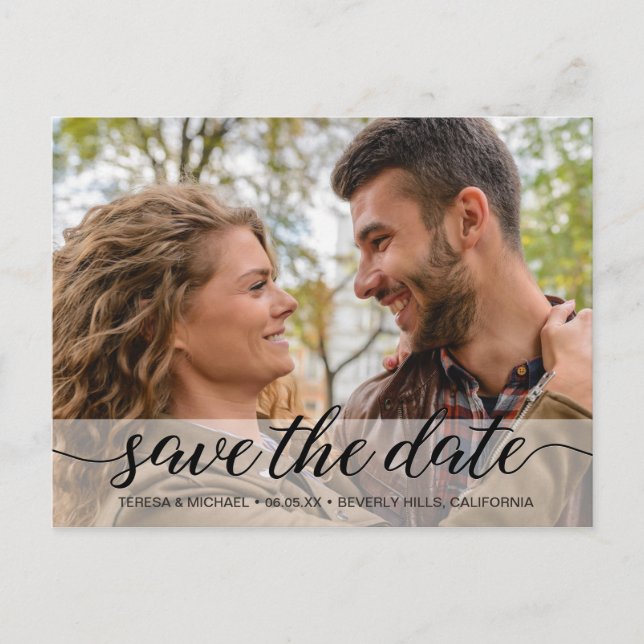 Simple Script Save the Date | Engagement Photo Postcard (Front)