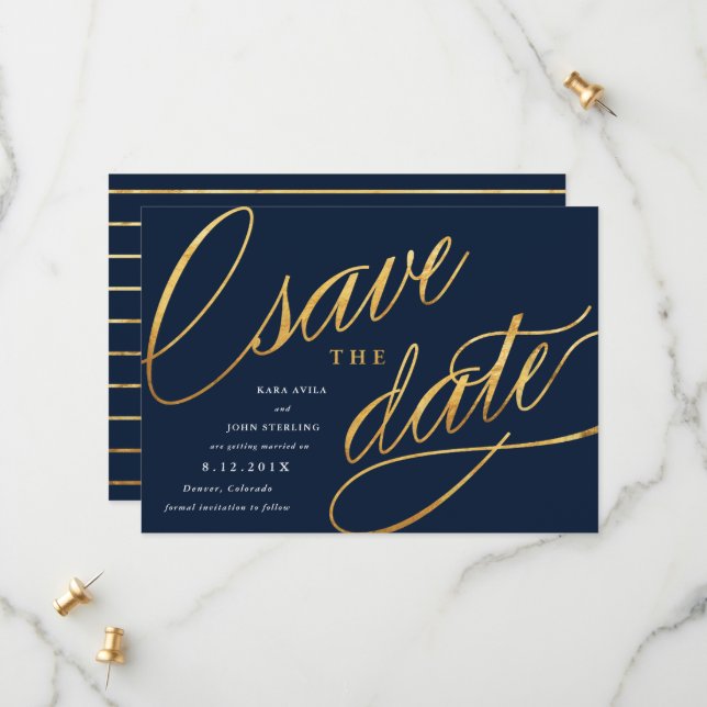 Simple Script Save the Dates | Navy Blue & Gold Date (Front/Back In Situ)