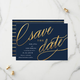 Simple Script Save the Dates Navy Blue & Gold Date