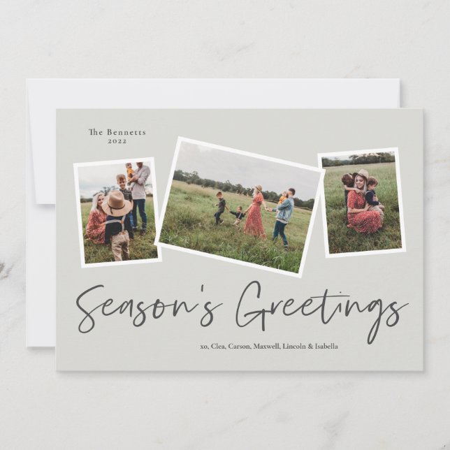 Simple Script  Season's Greetings 3 Photo Holiday Card (Front)