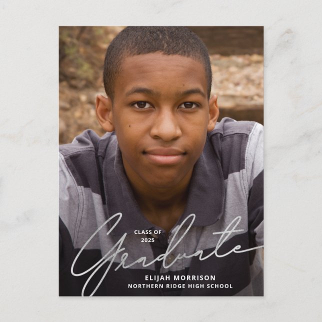 Simple Script Silver Overlay Photo Graduation Postcard (Front)