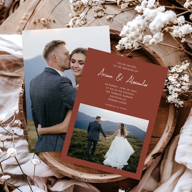 Simple Script Terracotta Two Photo Wedding Invitation (Creator Uploaded)