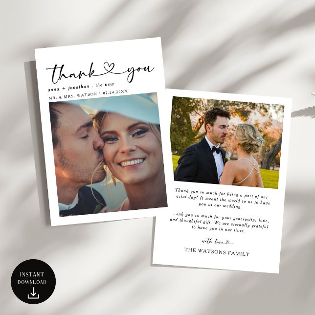 Simple Script Text and Photo Wedding Thank You Card (Creator Uploaded)