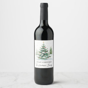 Simple Script Watercolor Christmas Tree Wine Label