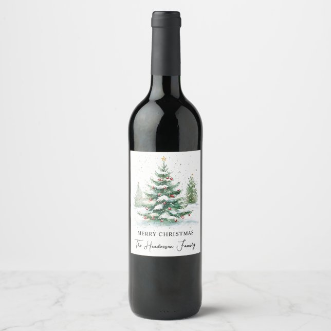 Simple Script Watercolor Christmas Tree Wine Label (Front)