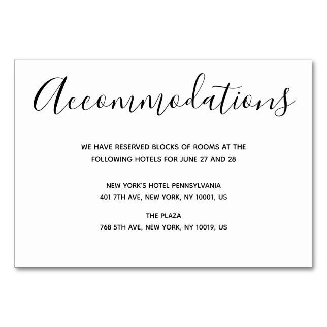 Simple Script Wedding Accommodation Cards (Front)