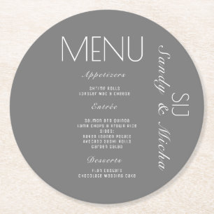 Simple Script Wedding Dinner Menu Grey Round Paper Coaster