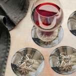 Simple script wedding photo save the date elegant round paper coaster<br><div class="desc">Minimal Replace Your Photo Flat Save The Date Card Elegant photo for wedding anniversary. You can easy replace your photo on save the date template. The engagement wedding invitation photo card. Budget event card for memories. Simple and stylish save the date engagement card. Want this design on a card, card...</div>