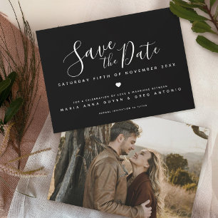 Simple script white heart black photo wedding save the date