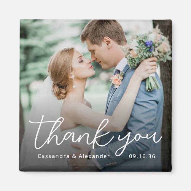 Simple Script White Thank You Photo Wedding Magnet (Front)