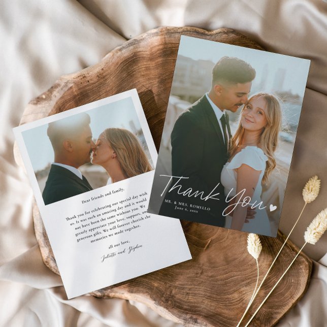 Simple Script with Heart Photo Wedding Thank You Card (Simple script with heart wedding 2 photo thank you cards.)