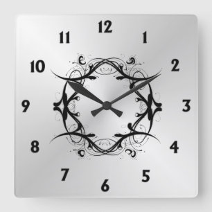 Simple Scroll Silver Face Black Numbers Square Wall Clock