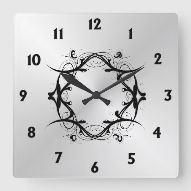 Simple Scroll Silver Face Black Numbers Square Wall Clock (Front)